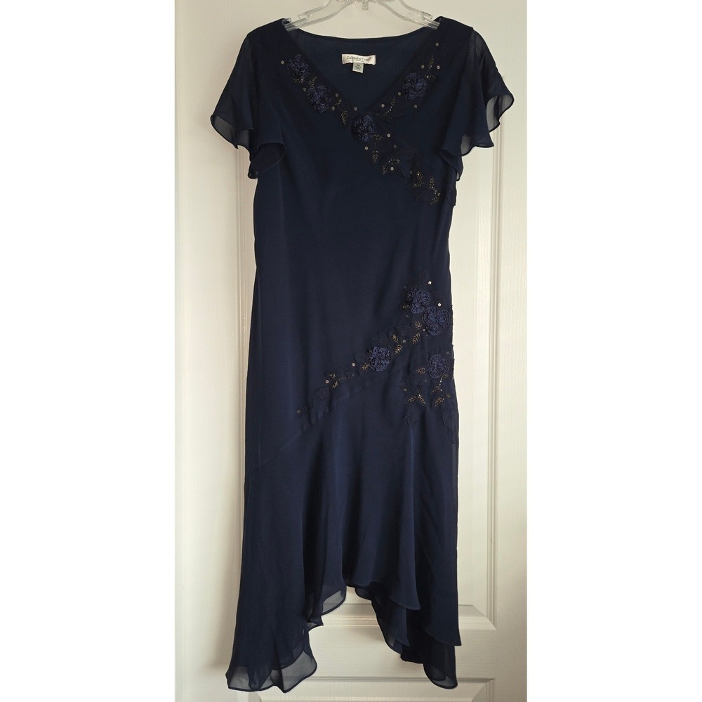Coldwater Creek Y2K Navy‎ Blue Beaded Floral Ruffle Sleeve Hem Midi Dress Sz P8